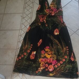 Black Floral V-Neck Maxi Dress with Pink & Orange Blooms. SZ XXXL -  XXXXL